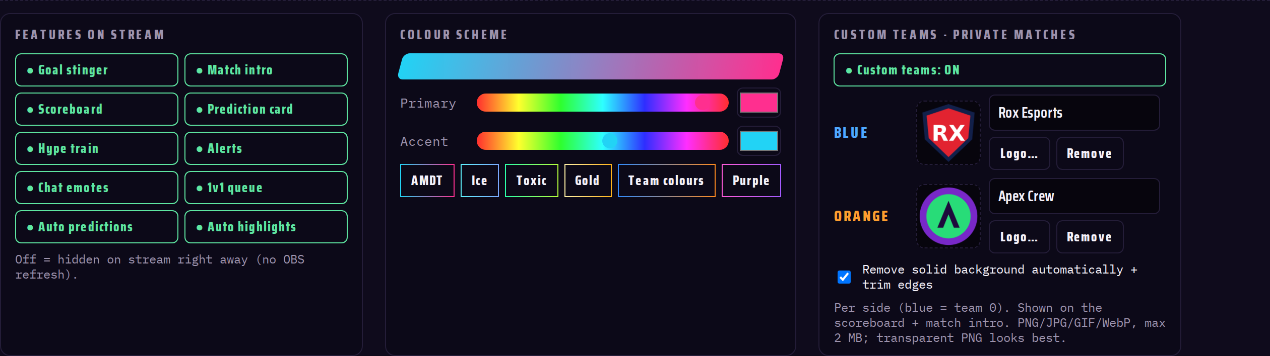 Boostcast console with feature switches, colour sliders and team logos